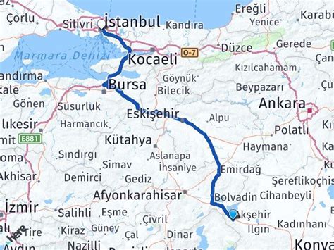istanbul konya akşehir kaç km